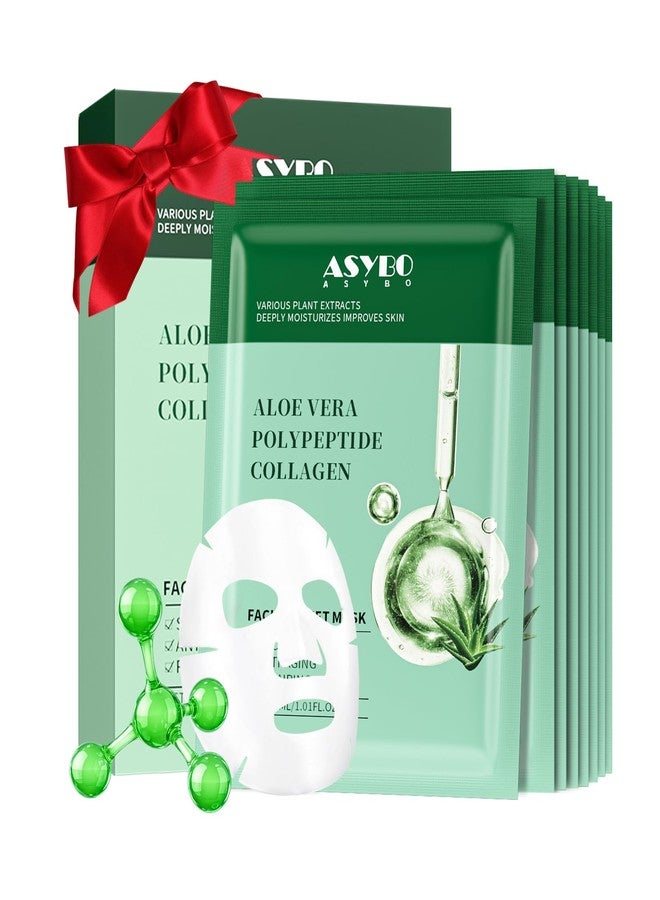 ASYBO Pack of 10 Collagen Face Mask, Aloe Vera Polypeptide Collagen Facial Masks Skincare, Moisturizing Facial Sheet Mask for Acne, After Sun, Claming, Anti-Aging and Anti-Wrinkle - Image 1